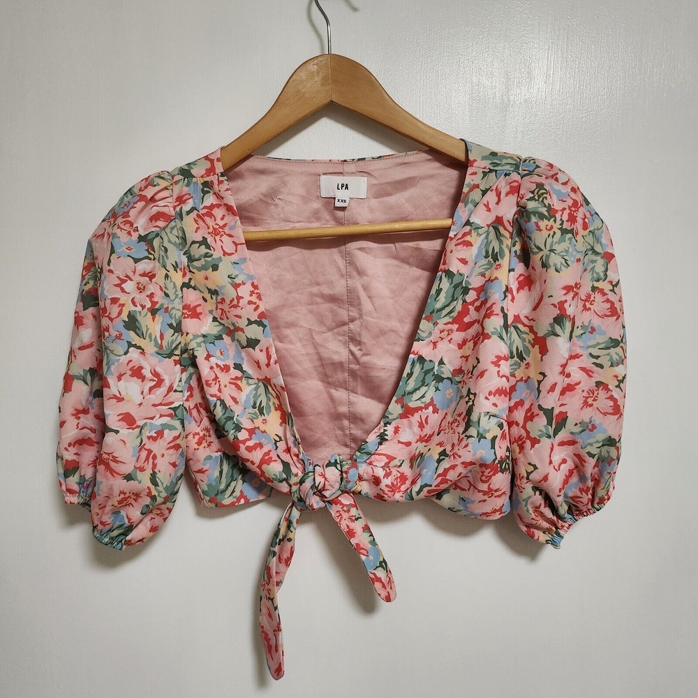 LPA satin floral crop top with puff‎ sleeves